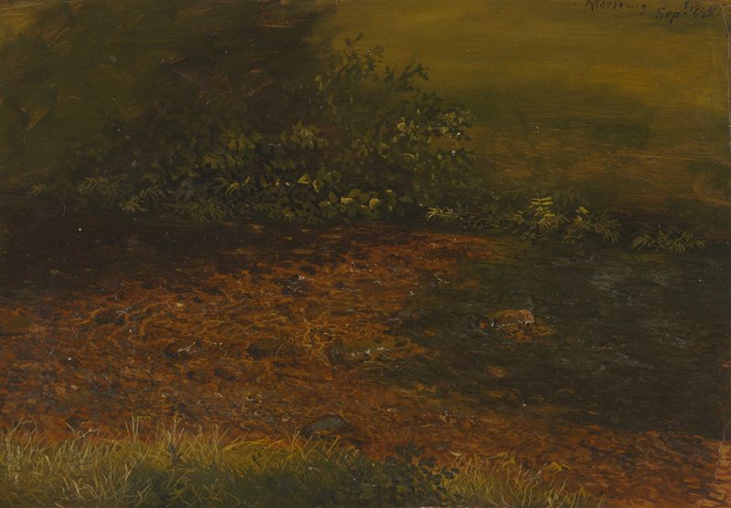 Woodland stream in the Catskills de Frederic Edwin Church, óleo de un paisaje sereno.