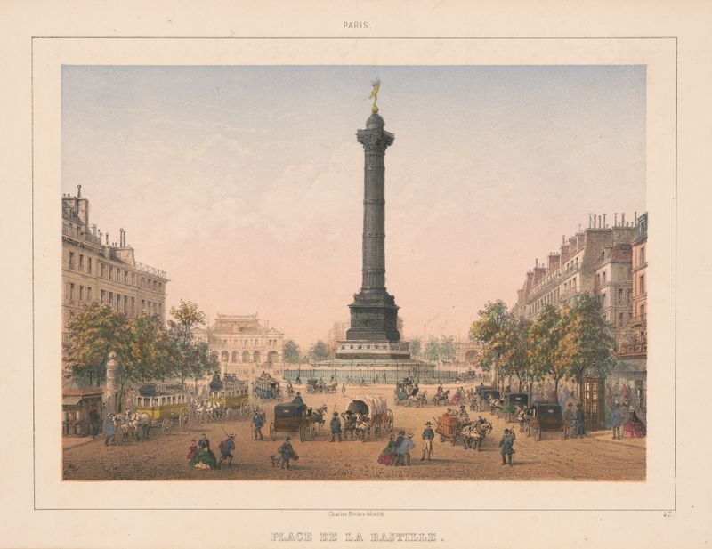 Impressionist scene of Paris by Charles Rivière, depicting a sunset with figures.
