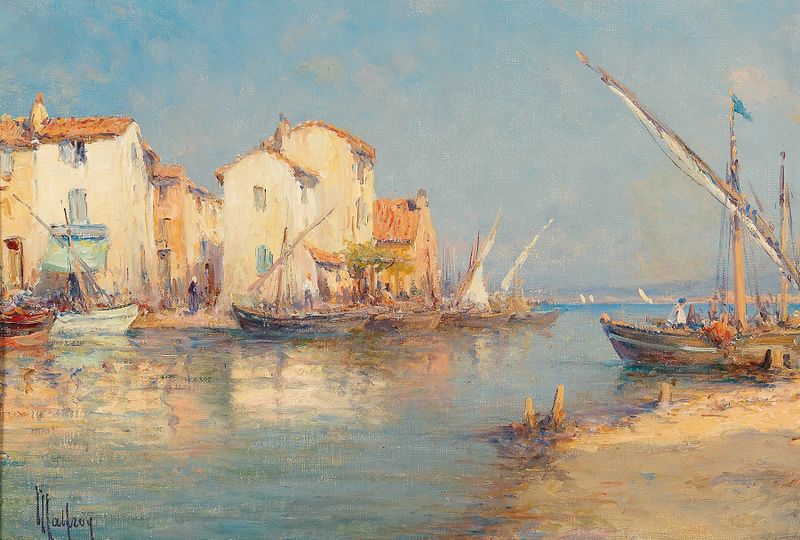Landscape of Motif Of Martigues by Henry Malfroy, oil on canvas depicting tranquil water and soft hues.