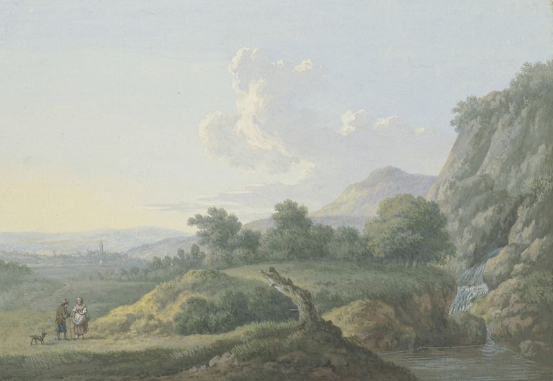 Vorgebirgslandschaft, óleo sobre lienzo de Karl Franz Kraul que representa colinas y un pueblo.