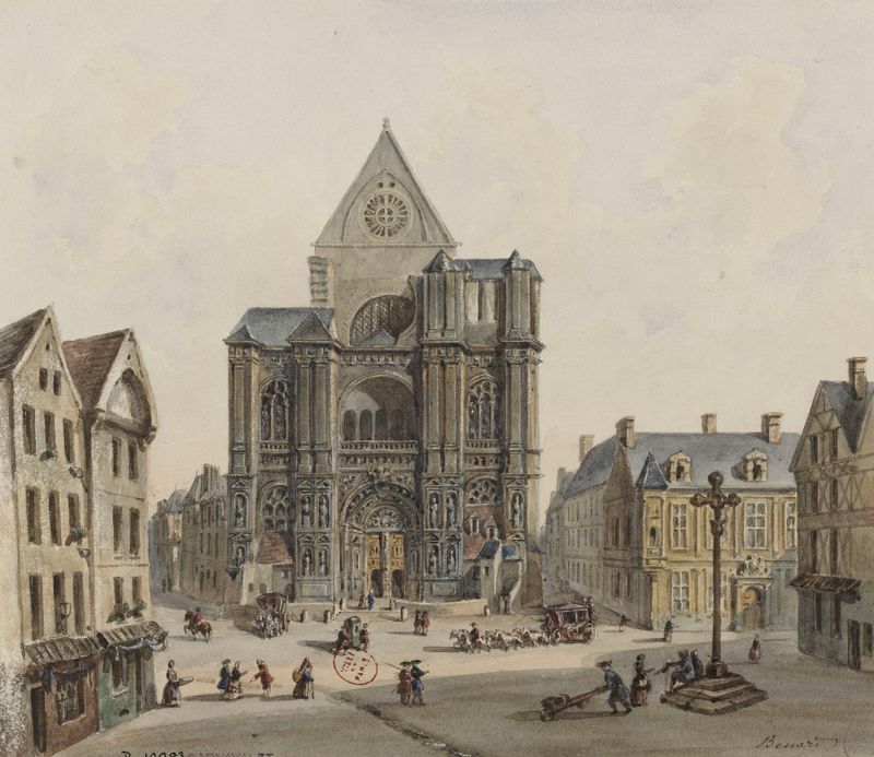 Eglise Saint Eustache de Auguste-Sébastien Bénard, óleo sobre tela, mostrando uma intrincada arquitetura de igreja.
