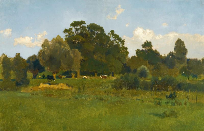 Meadow With Cows by Eugen Jettel, realism, depicts cows in a lush green landscape