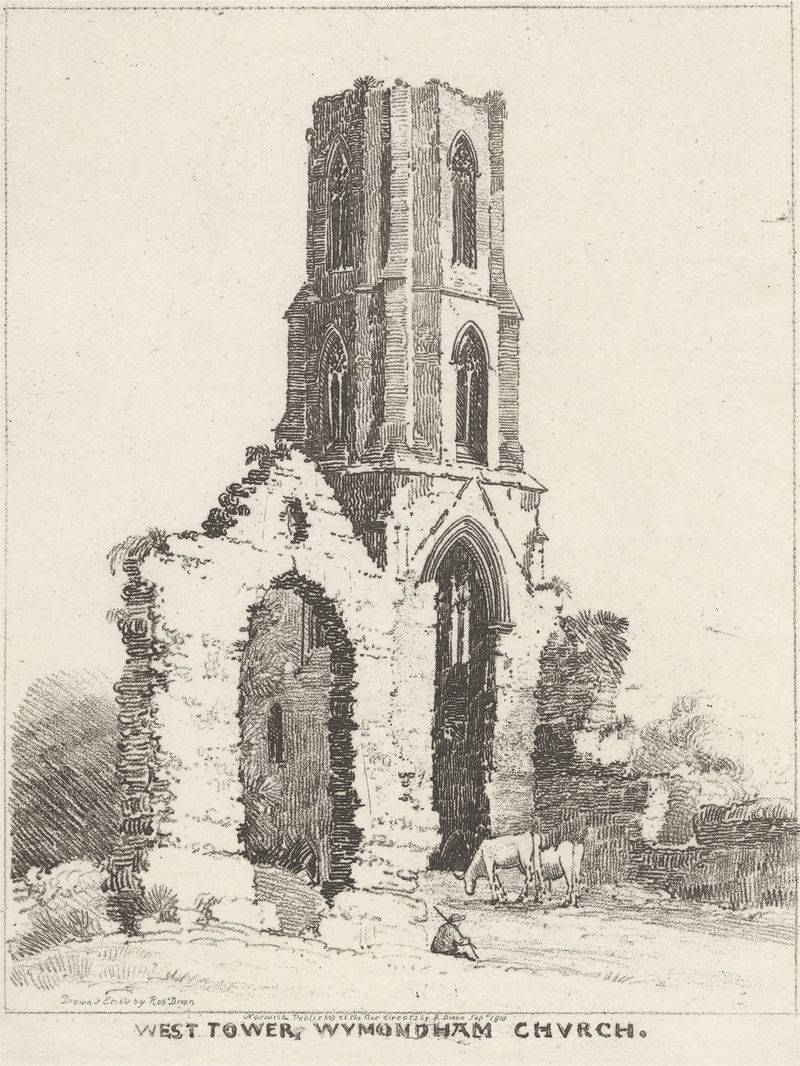 West Tower of Wymondham Church, watercolor on paper by Robert Dixon