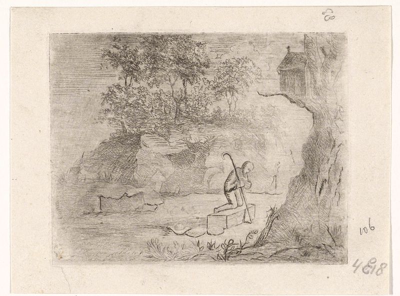Biddende pelgrim, etching by Reinierus Albertus Ludovicus baron van Isendoorn à Blois, depicting a kneeling pilgrim in prayer.