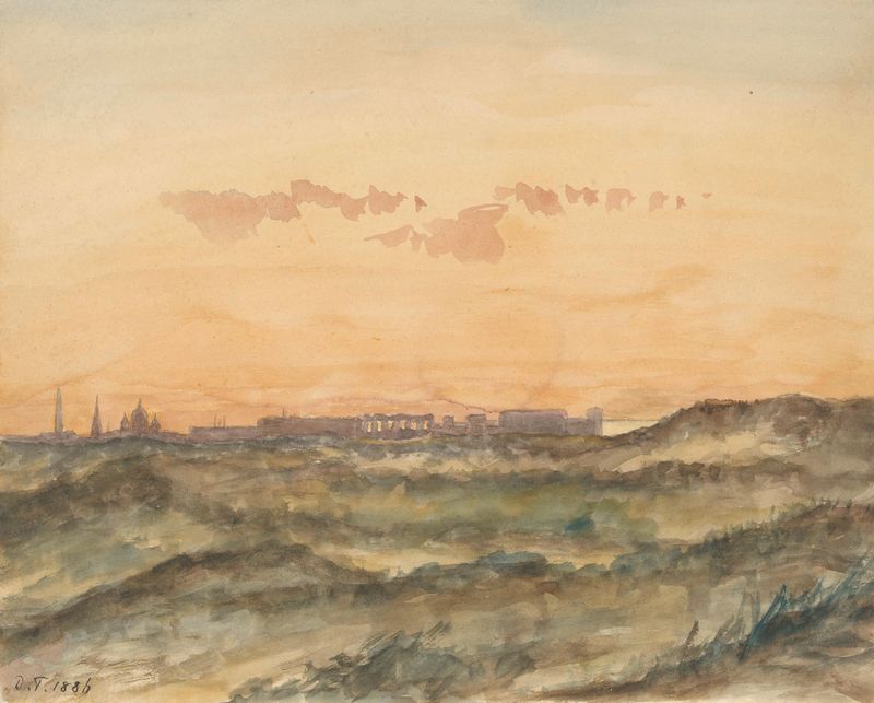 Landschap met in de verte het silhouet van een stad de Dirk Arnoldus Tavenraat, pintura a óleo