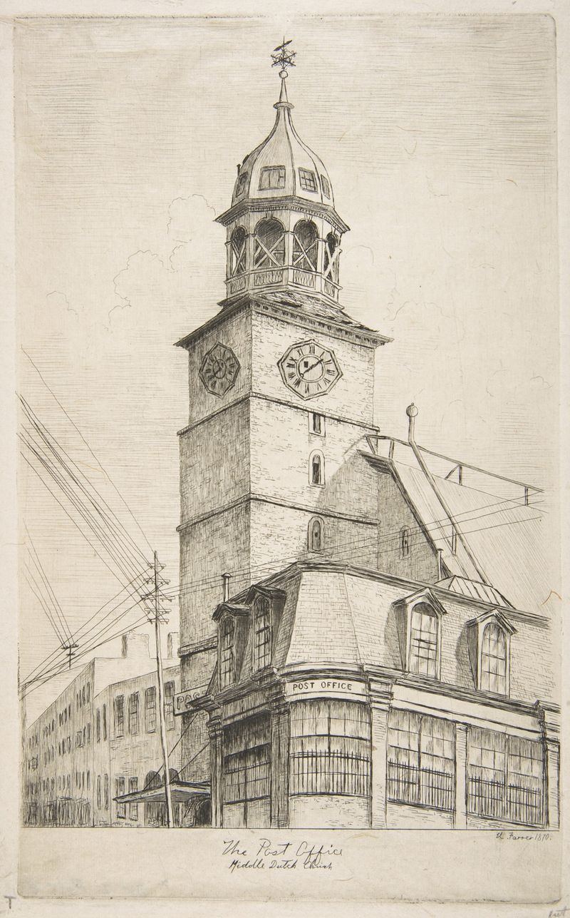 The Post Office, Middle Dutch Church engraving by Henry Farrer, highlighting sunlight on the church facade.