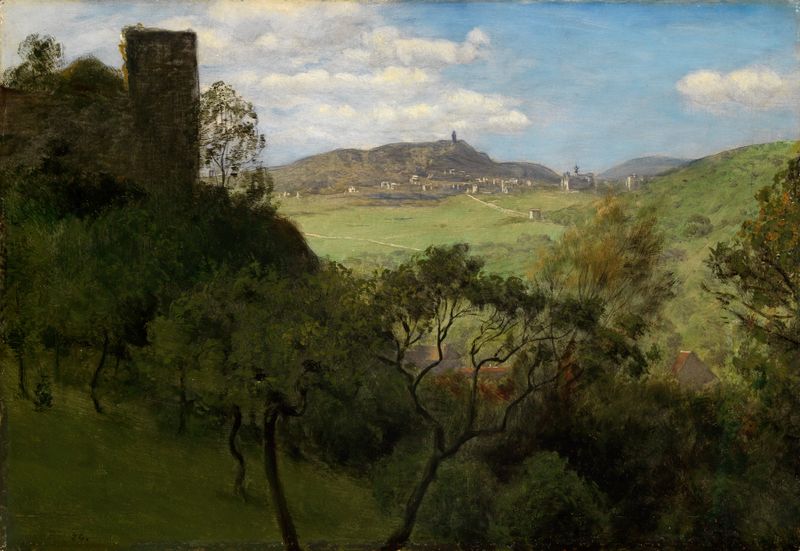 Landscape oil painting by Hans Thoma featuring hills and a distant castle.