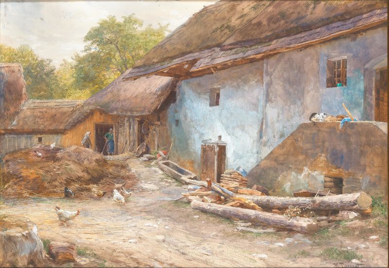 Niederösterreichischer Bauernhof by Hugo Darnaut, realism, depicting a farmhouse in a vibrant landscape.
