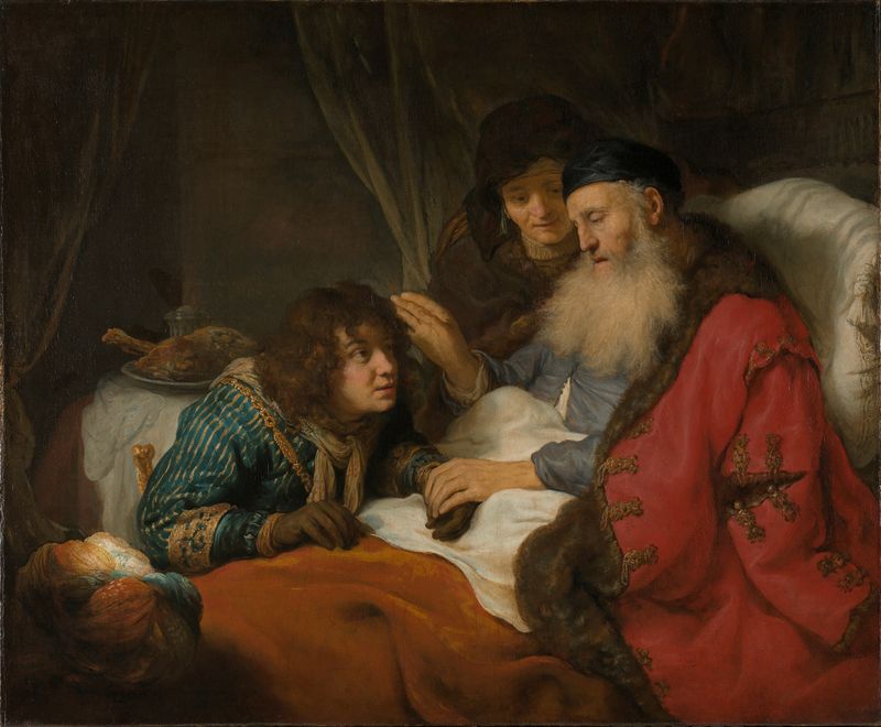 Isaac Blessing Jacob, oil on canvas by Govert Flinck, depicting Jacob receiving a blessing from Isaac.