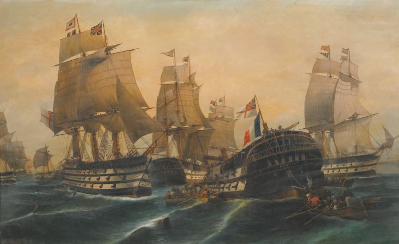 The Battle Of Trafalgar by Konstantinos Volanakis, oil painting depicting a naval battle with ships and stormy seas.