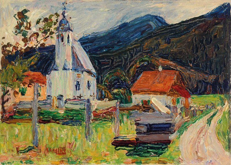 Kochel—Dorfkirche de Wassily Kandinsky, óleo sobre tela que retrata uma paisagem de vila com uma igreja.
