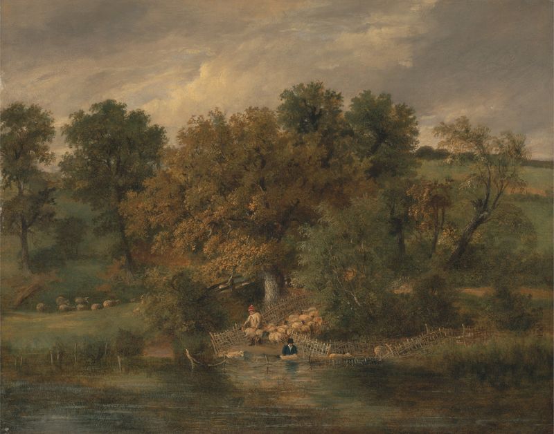 Sheep washing in a brook, oil on canvas by James Stark