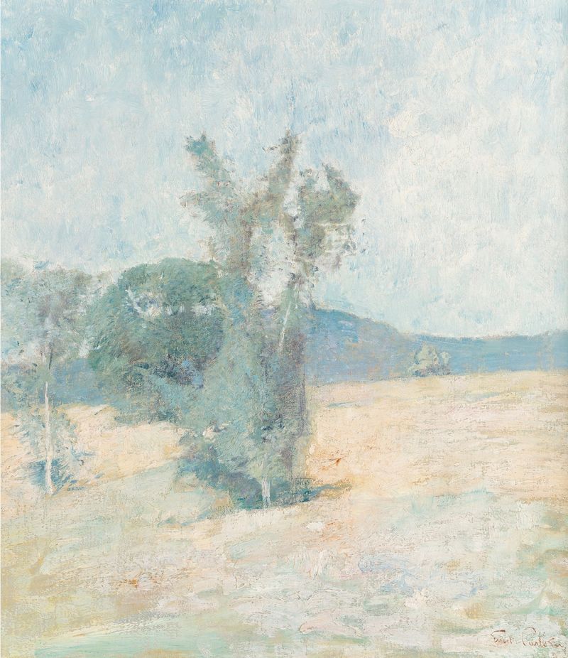 Paisagem de primavera de Emil Carlsen, Impressionismo, retratando verdes suaves e amarelos quentes.