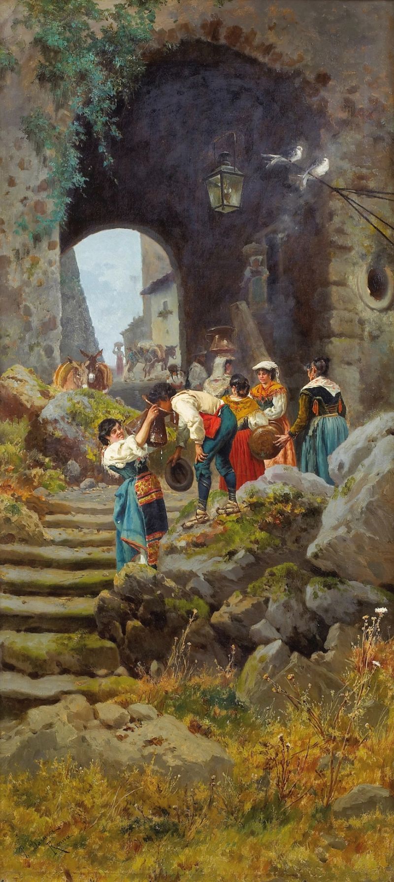 Genre scene with people at a village entrance, oil painting by Pietro Barucci