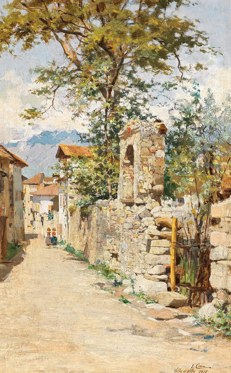 Dos niños jugando en una calle bañada por el sol, pintura al óleo de Luigi Cima.