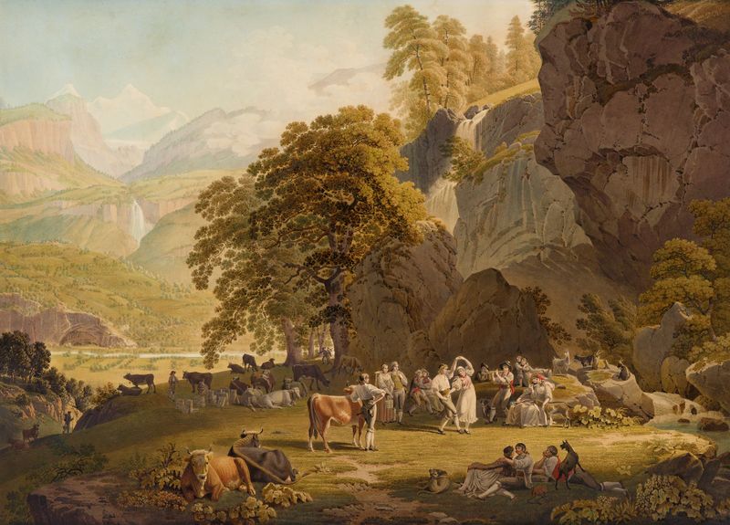 Escena de género que muestra una reunión en un bosque, pintura al óleo de Gabriel Lory the Younger