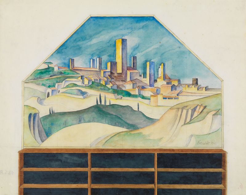 Modernism artwork by Alexander Kanoldt depicting towers and light in a cityscape.