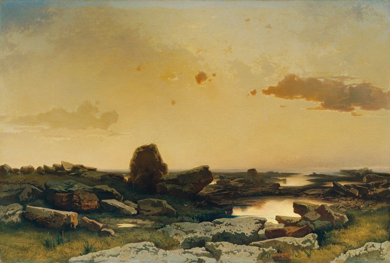 Marine scene with shimmering water and horizon, oil painting by August Schaeffer von Wienwald