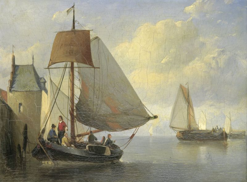 Riviergezicht met een waltoren by Antonie Waldorp, oil painting depicting a tower by a river.