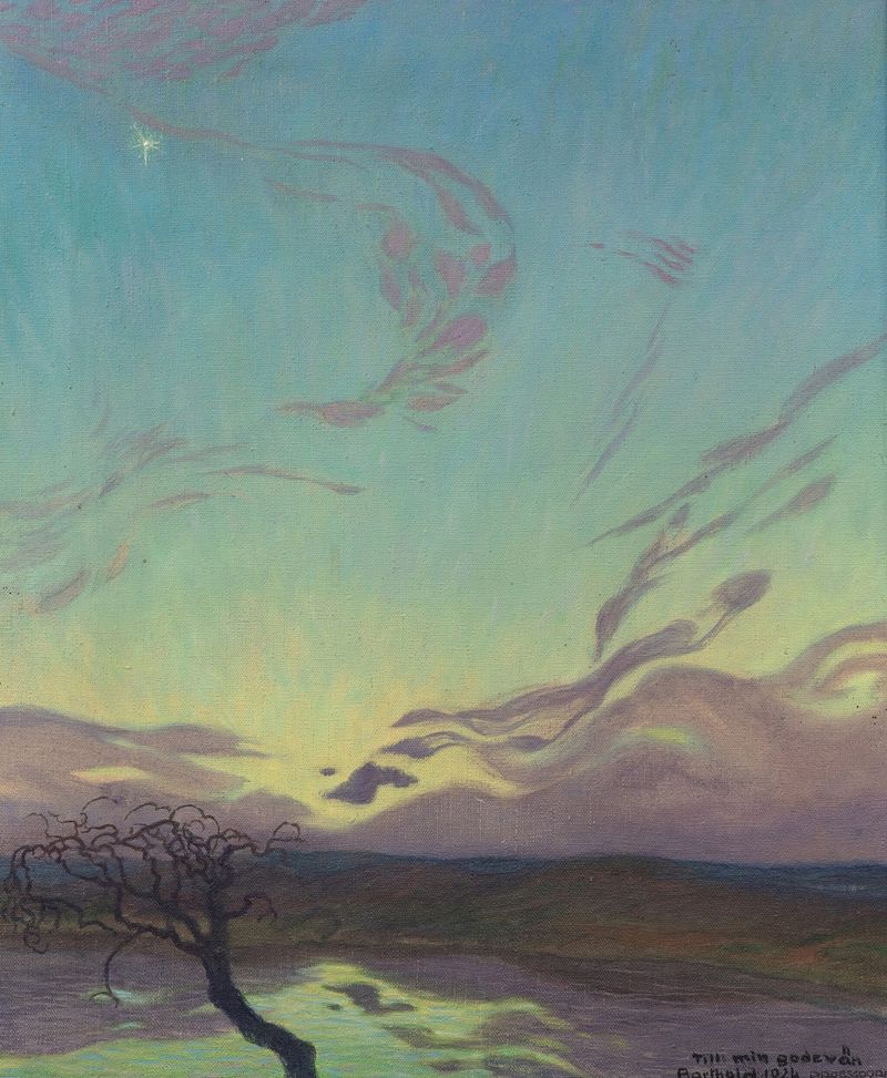 Paisagem ao crepúsculo de Alfred Proessdorf, pintura a óleo que retrata cores do crepúsculo e horizonte.