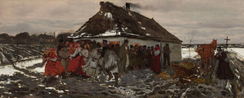 Genre scene with figures around an inn, oil on canvas by Jozef Chelmonski