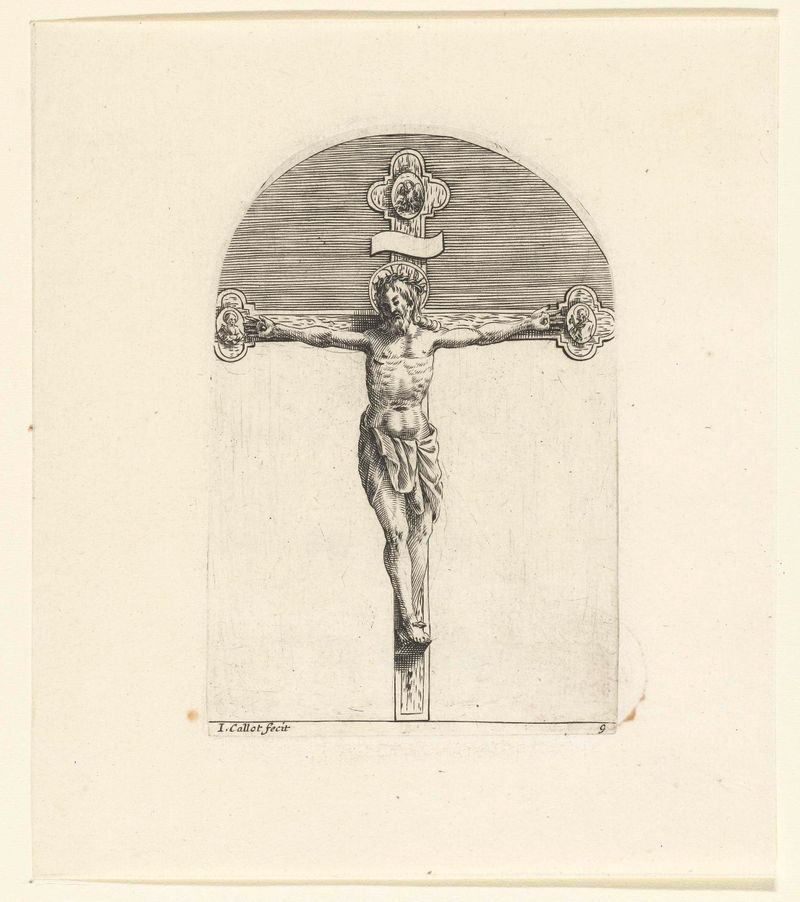 Grabado de Jacques Callot que representa la crucifixión con detalles intrincados.