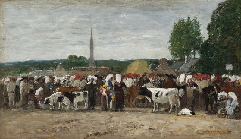 Escena de género de una feria con carpas y una multitud de Eugène Boudin, óleo