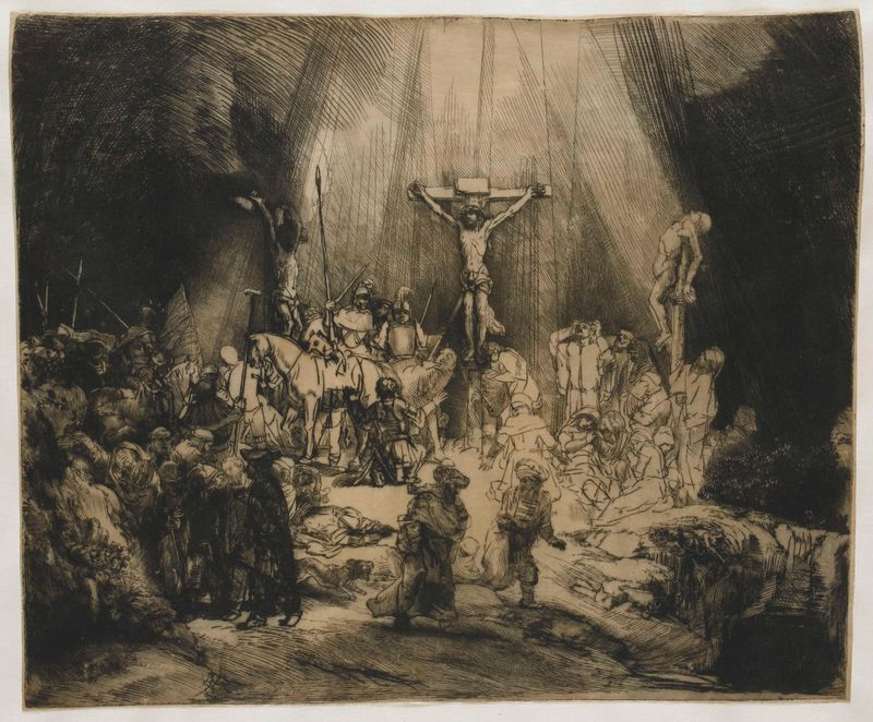 Los Tres Cruces de Rembrandt van Rijn, aguatinta que muestra a Cristo crucificado entre ladrones
