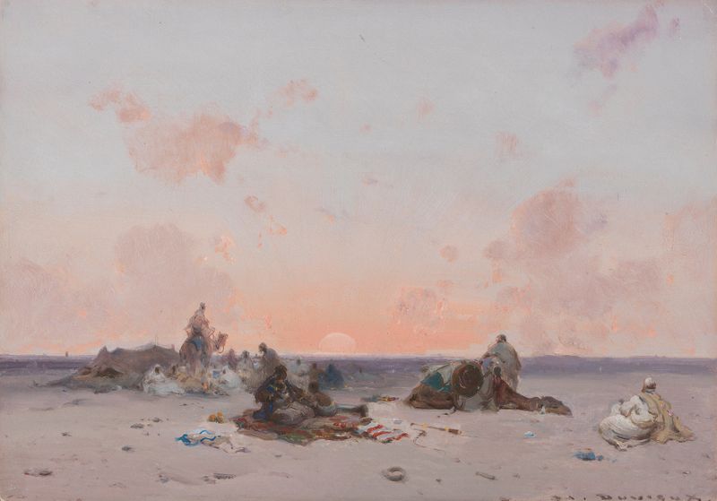 Sunset in the desert over a Bedouin camp, oil on canvas by Henri Duvieux