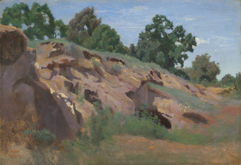 Paisaje con densa vegetación y afloramiento rocoso de Jean-Baptiste-Camille Corot, pintura al óleo.