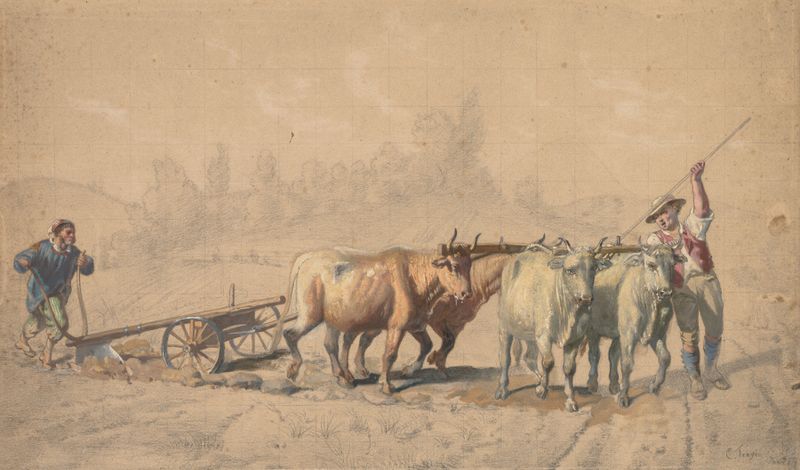 Four Oxen Pulling a Plough, oil on canvas by Constant Troyon