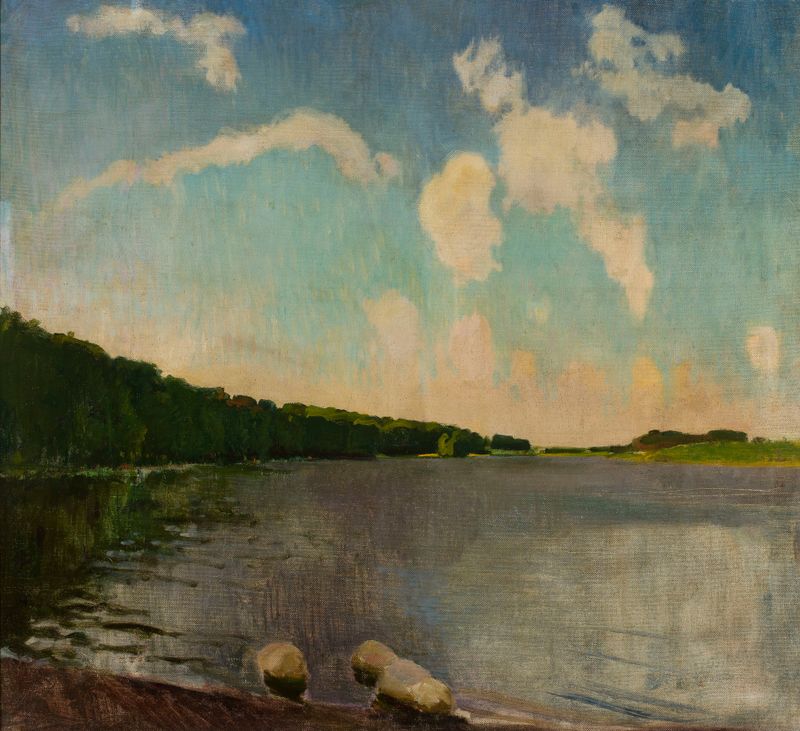 Tranquil landscape of Monastery Lake in Kartuzy, oil on canvas by Konrad Krzyżanowski