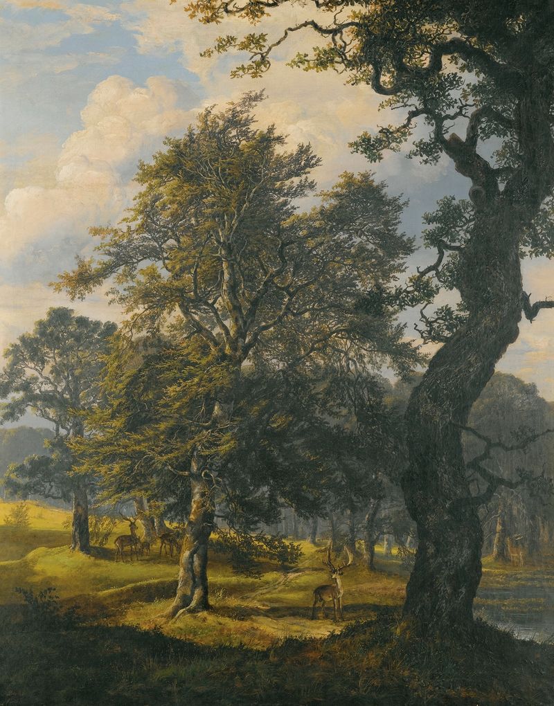 Pintura al óleo de Johan Christian Dahl que representa un camino en el bosque con luz moteada.