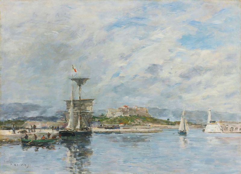 Vue Du Port D’antibes. Le Quai, Le Matin de Eugène Boudin, óleo sobre tela retratando um porto tranquilo.