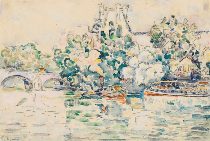 Post-Impressionism oil painting by Paul Signac depicting the Seine and Pont-Royal