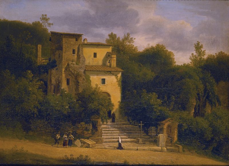 A Roadside Chapel Between Albano And Ariccia de Martin Verstappen, pintura a óleo que retrata uma paisagem tranquila.