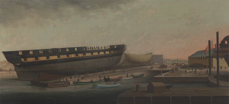 Heaving up His Majesty’s Frigate ‘Diana’ de John Rogers, óleo sobre lienzo, que representa un barco en construcción.