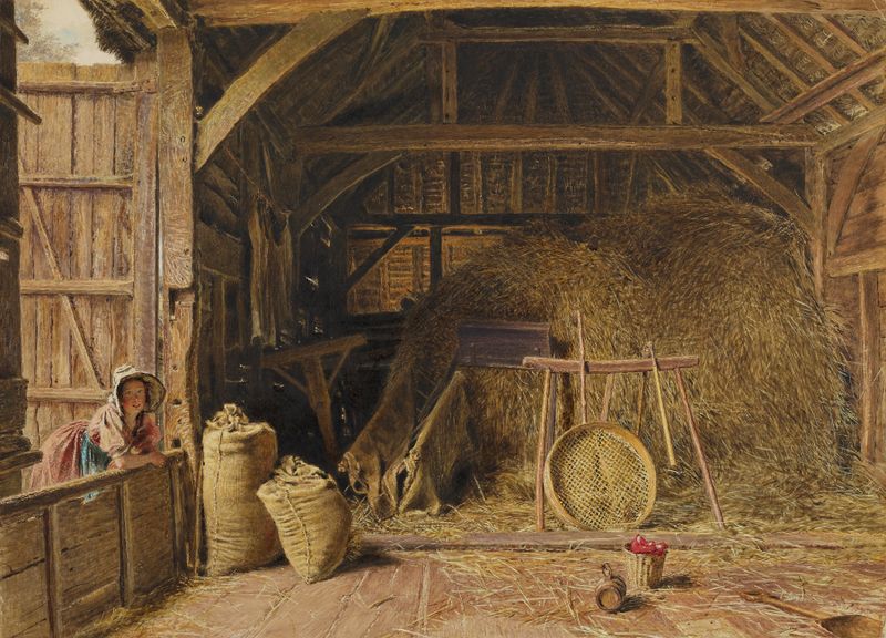 Interior of a barn with sunlight filtering through, oil painting by William Henry Hunt.