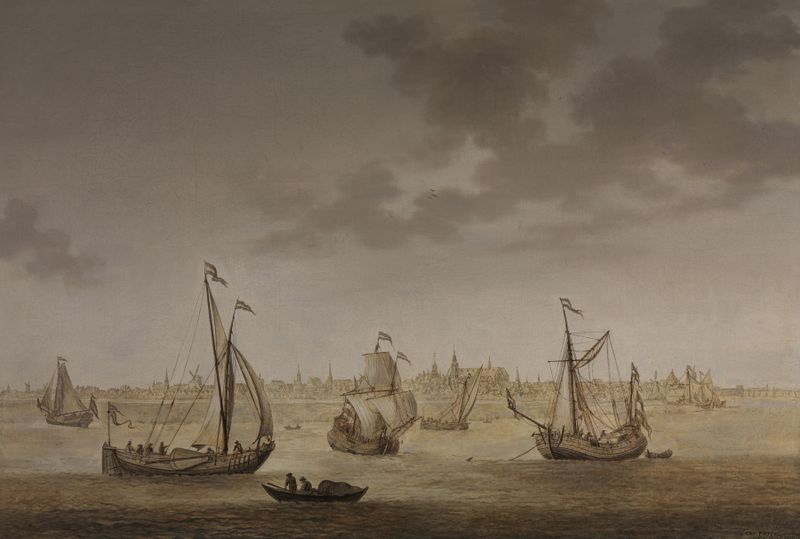Marine scene with a three-masted sailing ship by Christoffel Pierson, oil painting