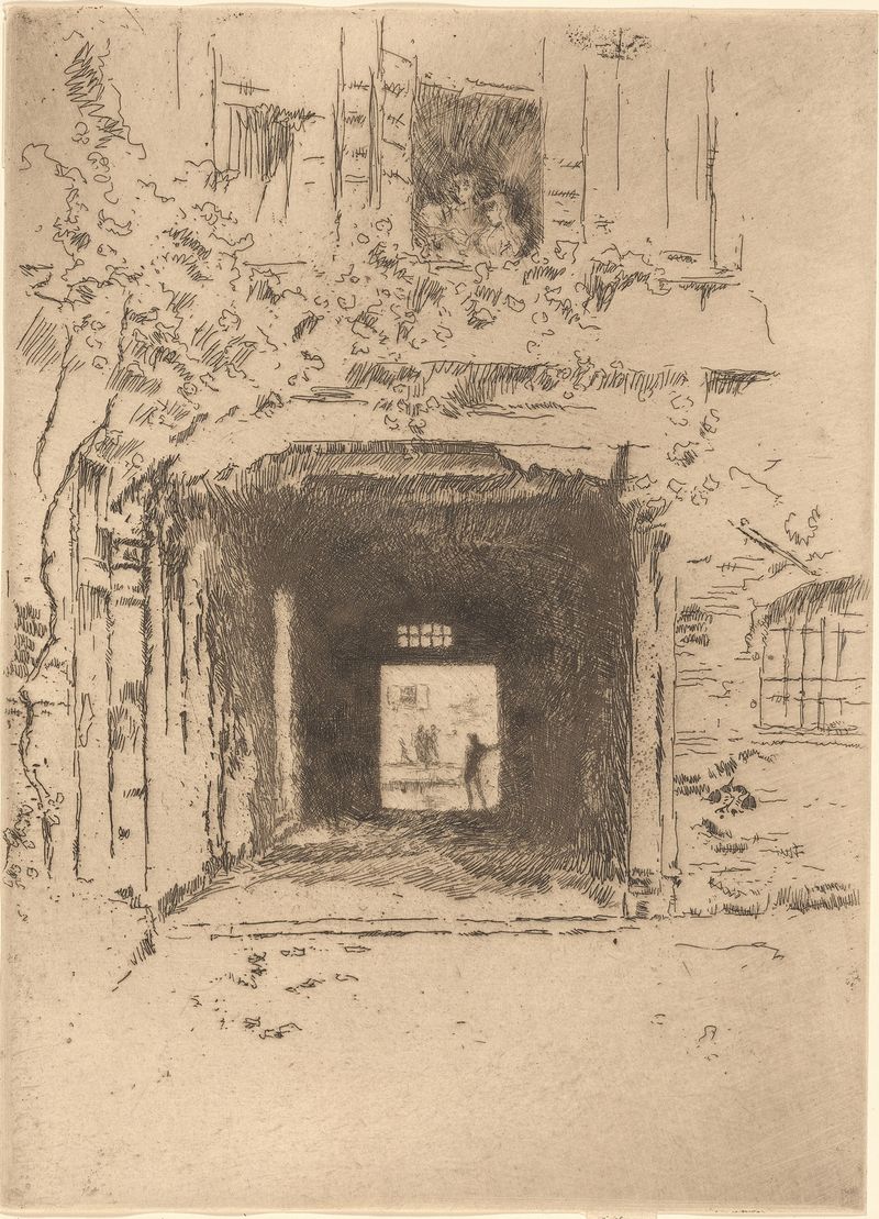 Puerta y vid de James Abbott McNeill Whistler, óleo sobre lienzo, con un arco y vides bajo una luz suave.