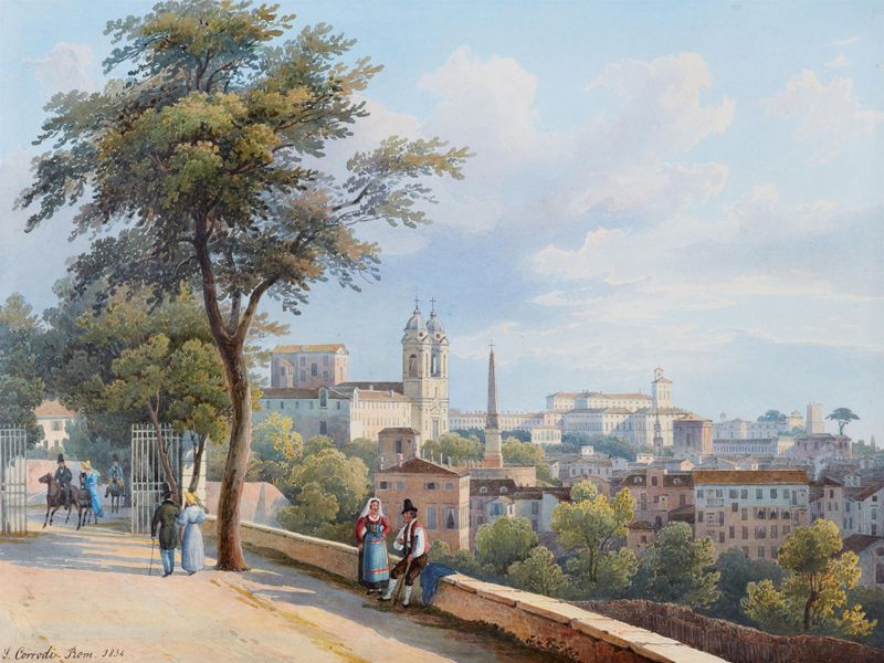 Blick auf Rom de Salomon Corrodi, pintura al óleo que representa un paisaje urbano tranquilo.