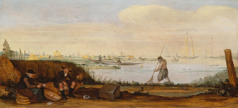 Paisaje fluvial con botes y pescadores, óleo sobre lienzo de autor desconocido