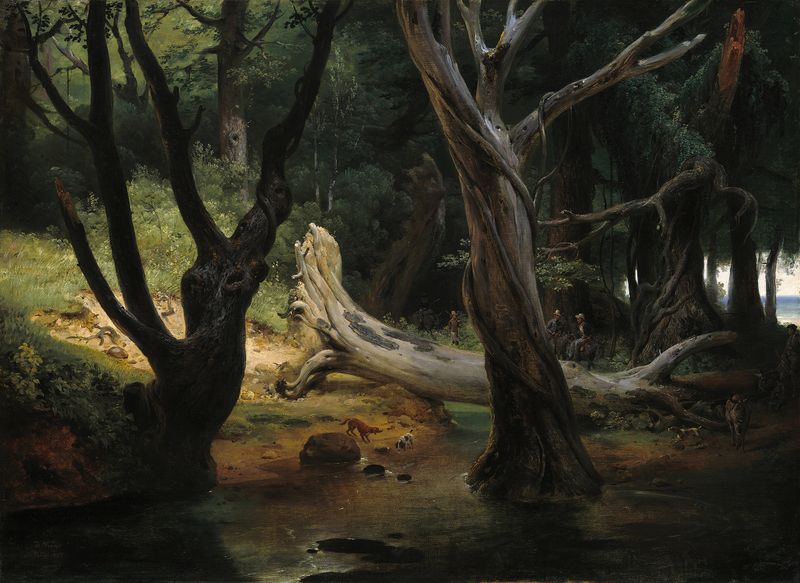 Departure for the Hunt in the Pontine Marshes by Horace Vernet, oil painting depicting hunters and horses in a forest at sunset