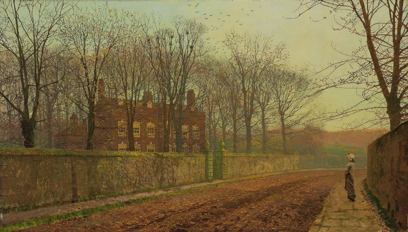 The Rookery de John Atkinson Grimshaw, pintura a óleo vitoriana que retrata o crepúsculo e ramos retorcidos.