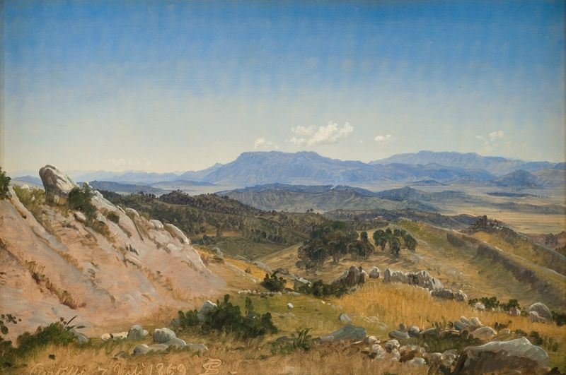 Rocky Hills near Civitella de P. C. Skovgaard, pintura a óleo que retrata colinas e vales rochosos.