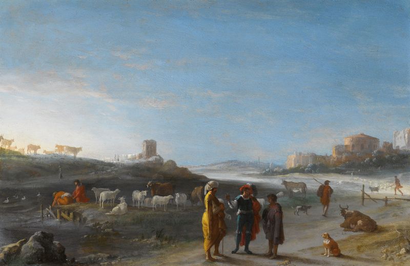 An Italianate landscape with rolling hills by Cornelis van Poelenburch, oil painting.