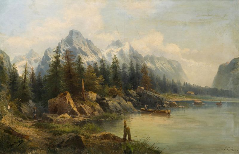 Alpine Landscape de Karl Kaufmann, óleo que retrata colinas e montanhas serenas.