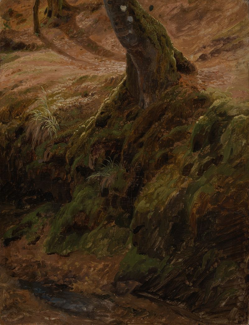 Waldböschung mit Baumstamm, óleo sobre tela de Johann Wilhelm Schirmer com um tronco de árvore em uma floresta serena.