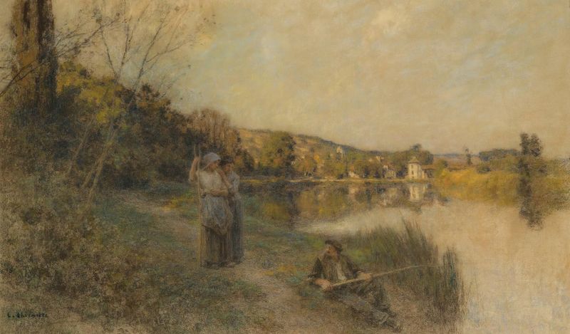 Landscape oil painting by Léon Augustin Lhermitte featuring a sunset and a fisherman