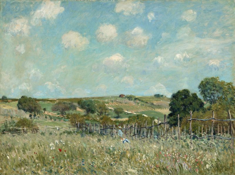 Paisaje impresionista de Alfred Sisley, que representa un prado con hierba y rocío